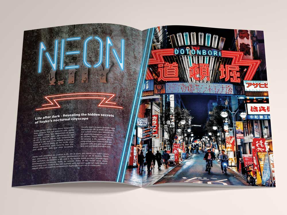 EDITORIAL DESIGN <br>
‘Neon City’ is a design utilising the title to influence the editorial topic. This work takes the opportunity to reveal the surreal, contrasting world of Tokyo at night.