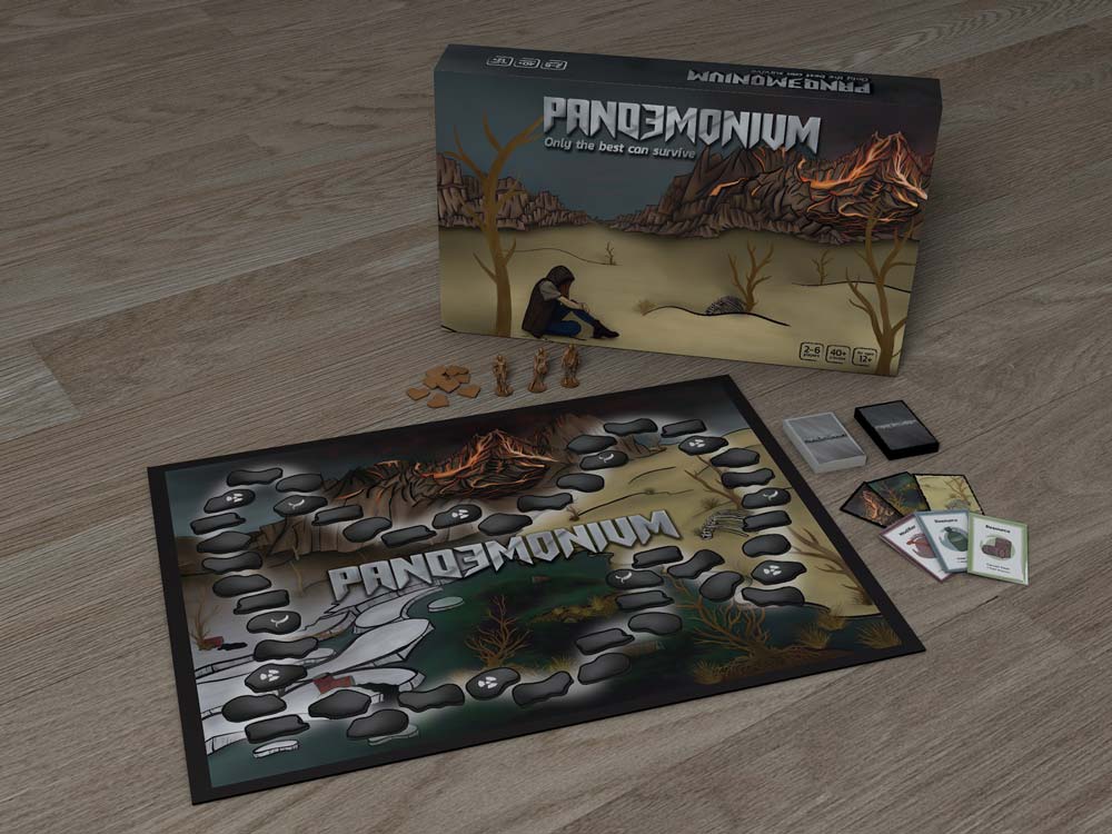 BOARD GAME DESIGN | ILLUSTRATION | 3D MODELLING <br> PANDEMONIUM is a concept for a board game that is inspired by the collapse of society due to the effects of global warming. The hand-drawn illustrations and dark, cold colourss create the sombre, dreary atmosphere of the game. The final board, box and cards were imported into Cinema4D alongside the 3D playing pieces before being rendered.
