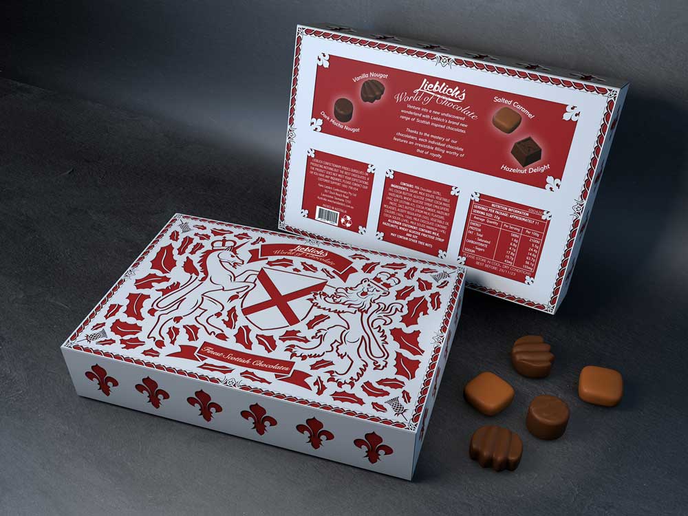 PACKAGING DESIGN | ILLUSTRATION <br> The Scottish inspired chocolate box is part of Lieblich's World of Chocolate international luxury chocolate range. To highlight the country of origin, a version of the Royal Coat of Arms and their national flower - the thistle - have been cut from the outer casing.